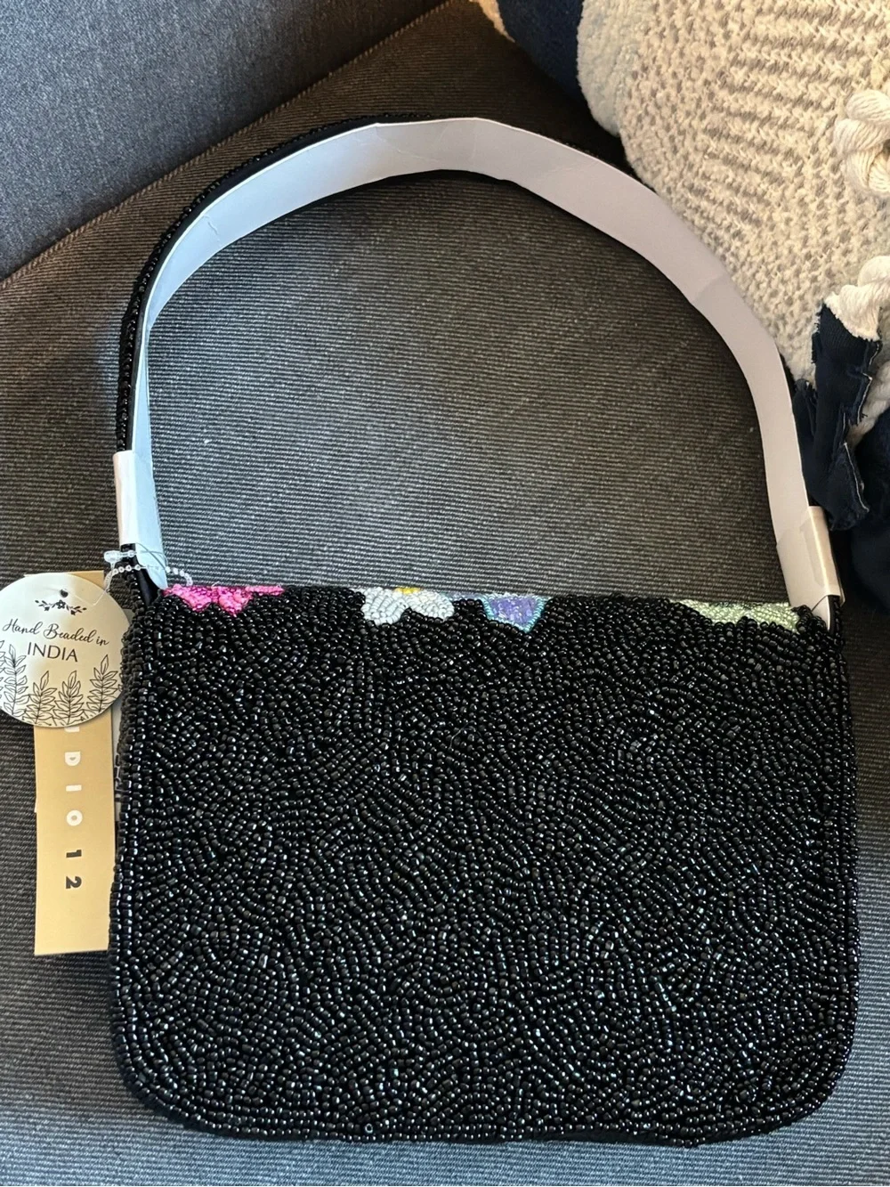 Beaded Floral Shoulder Bag in Black and Pink